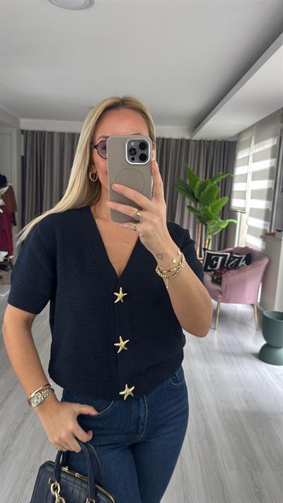 Deniz Yıldızı Düğme Detaylı Lacivert Triko Hırka