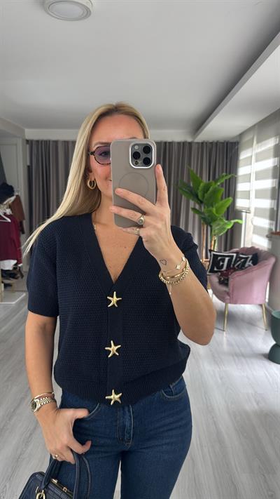 Deniz Yıldızı Düğme Detaylı Lacivert Triko Hırka