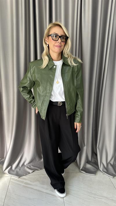 Deri Bomber Haki Ceket