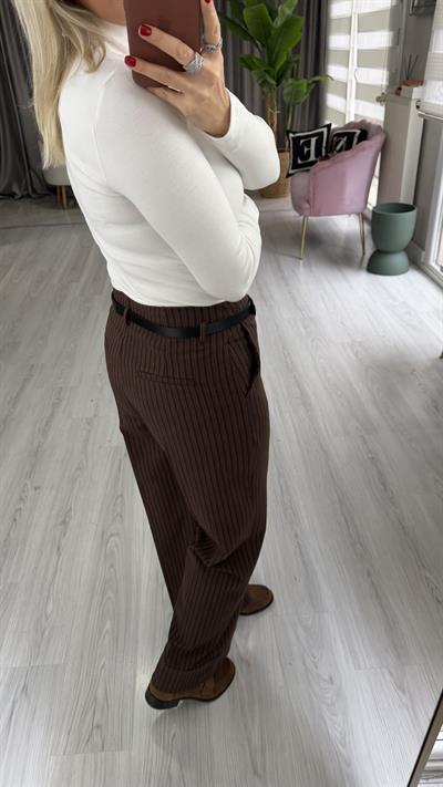 Deri Kemerli Likralı Kendinden Acı Kahve Çizgili Kahve Palazzo Pantolon