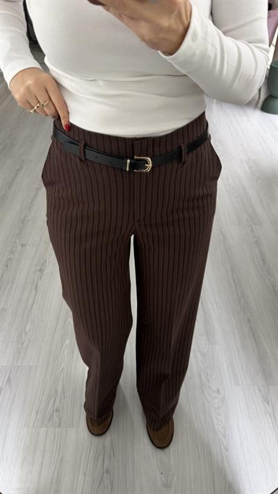 Deri Kemerli Likralı Kendinden Acı Kahve Çizgili Kahve Palazzo Pantolon