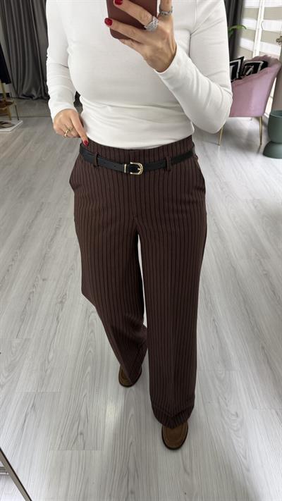 Deri Kemerli Likralı Kendinden Acı Kahve Çizgili Kahve Palazzo Pantolon
