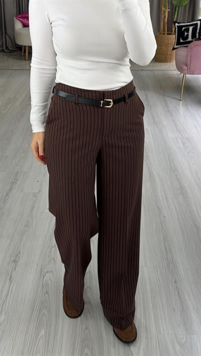 Deri Kemerli Likralı Kendinden Acı Kahve Çizgili Kahve Palazzo Pantolon