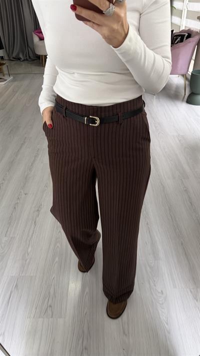Deri Kemerli Likralı Kendinden Acı Kahve Çizgili Kahve Palazzo Pantolon