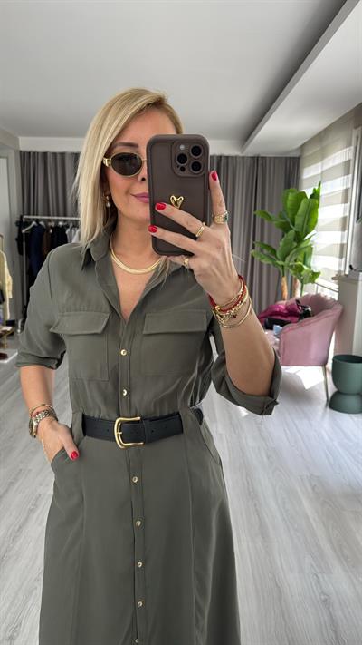 Deri Kemerli Tok Tencel Kumaş Haki Premium Gömlek Elbise