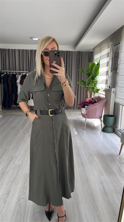 Deri Kemerli Tok Tencel Kumaş Haki Premium Gömlek Elbise