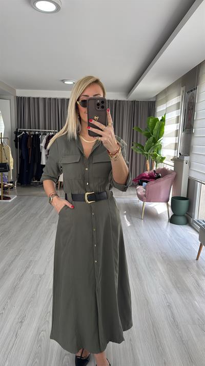 Deri Kemerli Tok Tencel Kumaş Haki Premium Gömlek Elbise