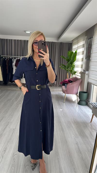 Deri Kemerli Tok Tencel Kumaş Lacivert Premium Gömlek Elbise