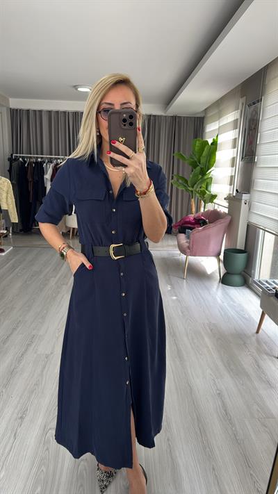 Deri Kemerli Tok Tencel Kumaş Lacivert Premium Gömlek Elbise