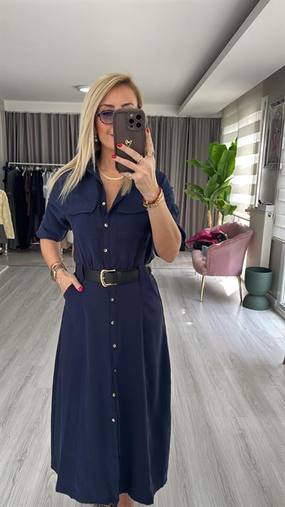 Deri Kemerli Tok Tencel Kumaş Lacivert Premium Gömlek Elbise