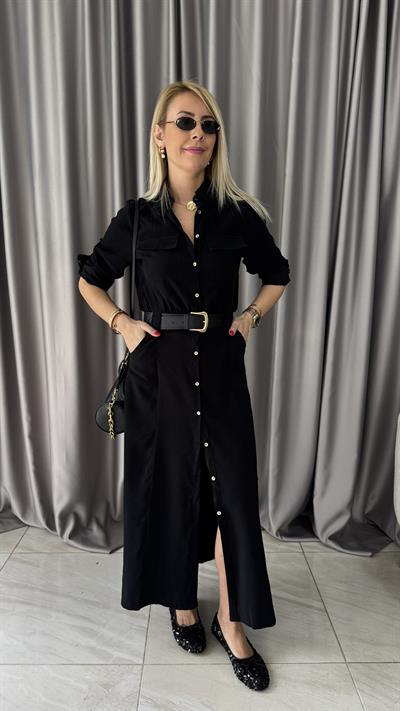 Deri Kemerli Tok Tencel Kumaş Siyah Premium Gömlek Elbise