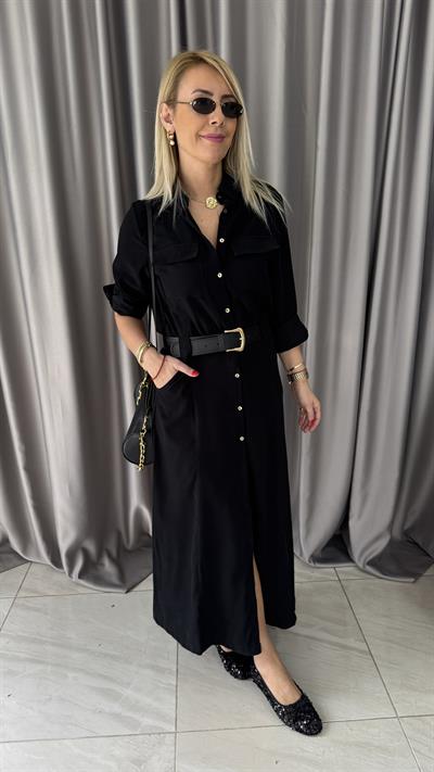 Deri Kemerli Tok Tencel Kumaş Siyah Premium Gömlek Elbise
