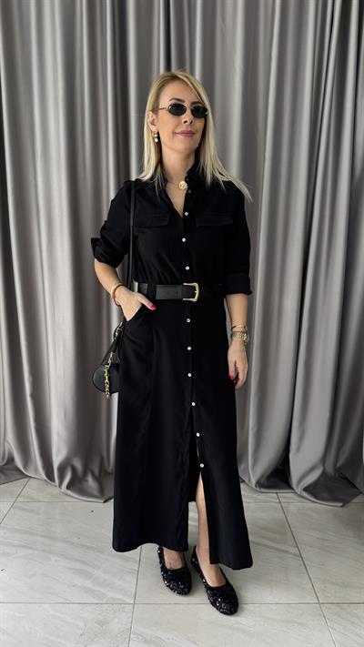 Deri Kemerli Tok Tencel Kumaş Siyah Premium Gömlek Elbise