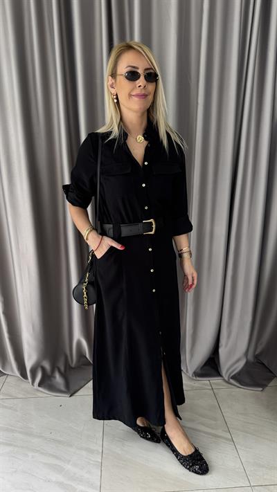 Deri Kemerli Tok Tencel Kumaş Siyah Premium Gömlek Elbise