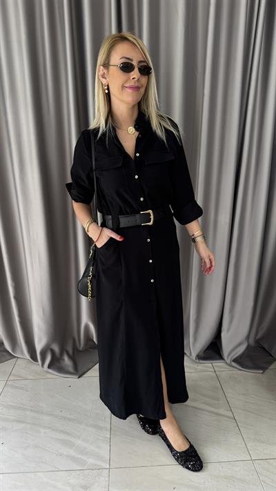 Deri Kemerli Tok Tencel Kumaş Siyah Premium Gömlek Elbise