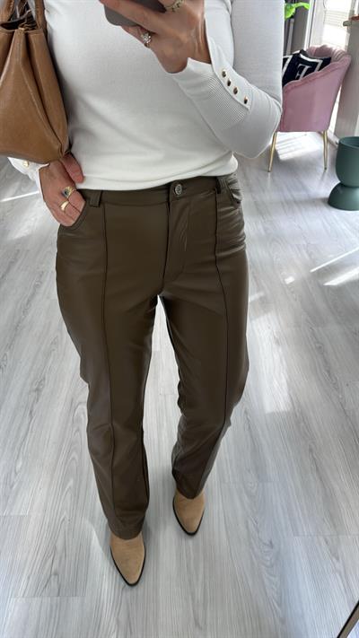 Dikiş Detaylı Yumuşak Haki Deri Pantolon