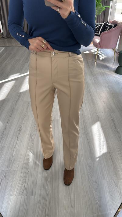 Dikiş Detaylı Yumuşak Taş Rengi Deri Pantolon