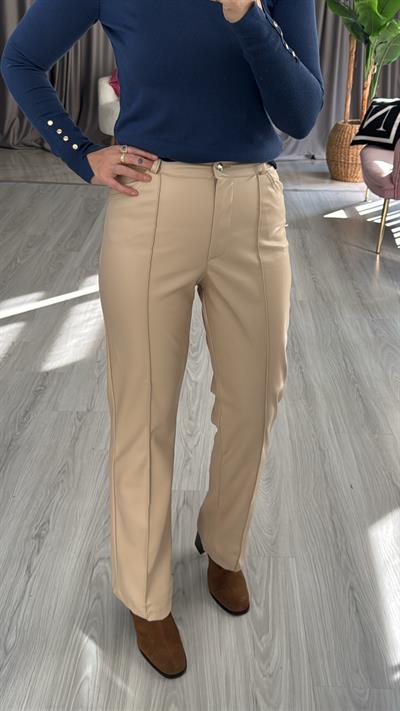 Dikiş Detaylı Yumuşak Taş Rengi Deri Pantolon