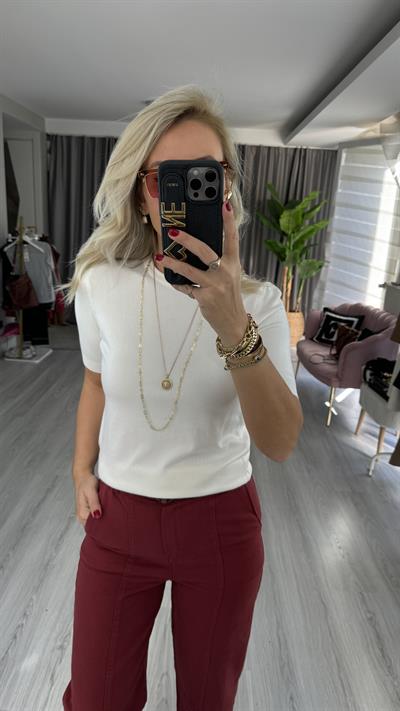 Dilvin Bisiklet Yaka Arkası Düğmeli Ekru Yarım Kol Triko