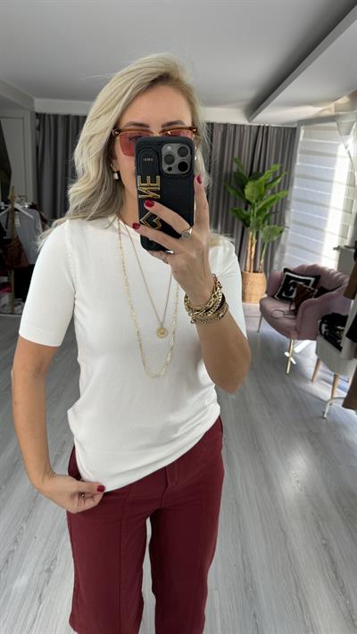 Dilvin Bisiklet Yaka Arkası Düğmeli Ekru Yarım Kol Triko