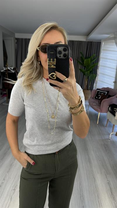 Dilvin Bisiklet Yaka Arkası Düğmeli Gri Yarım Kol Triko