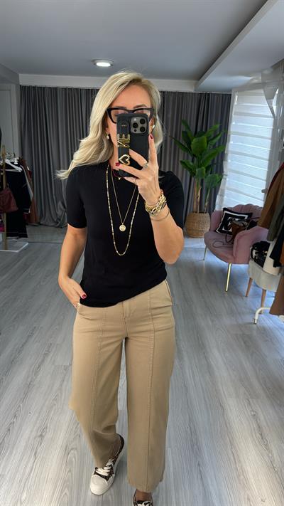 Dilvin Bisiklet Yaka Arkası Düğmeli Siyah Yarım Kol Triko