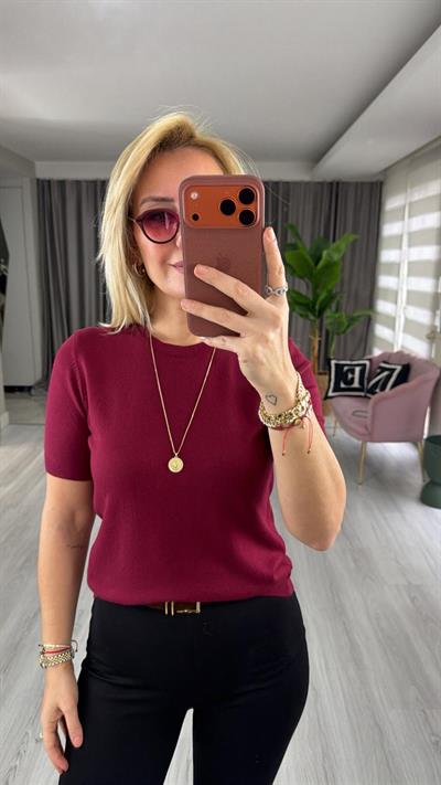 Dilvin Bisiklet Yaka Kısa Kol Bordo Triko Bluz