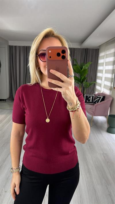 Dilvin Bisiklet Yaka Kısa Kol Bordo Triko Bluz