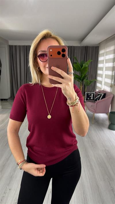 Dilvin Bisiklet Yaka Kısa Kol Bordo Triko Bluz