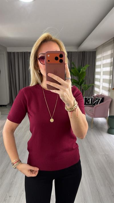 Dilvin Bisiklet Yaka Kısa Kol Bordo Triko Bluz
