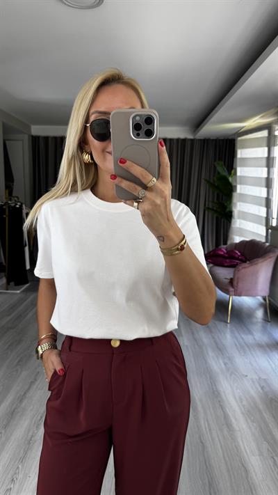 Dilvin Bisiklet Yaka Tok Doku Ekru Tişört