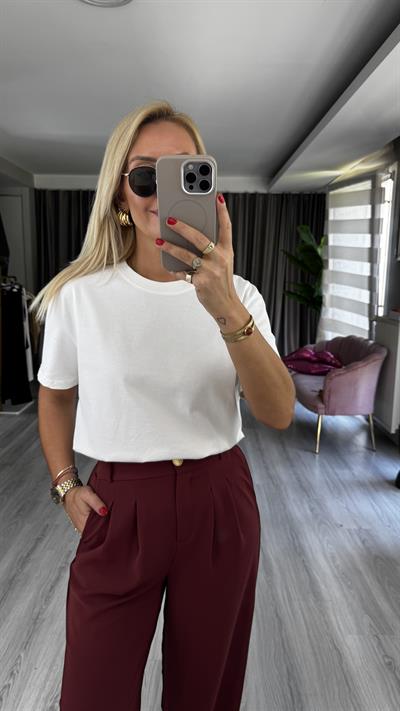 Dilvin Bisiklet Yaka Tok Doku Ekru Tişört