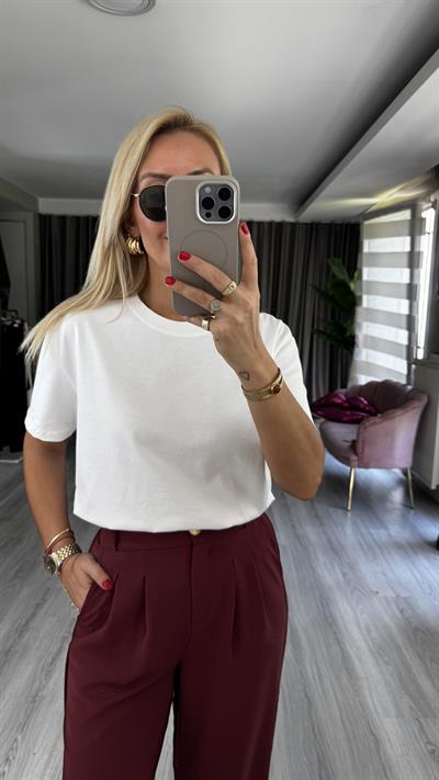 Dilvin Bisiklet Yaka Tok Doku Ekru Tişört