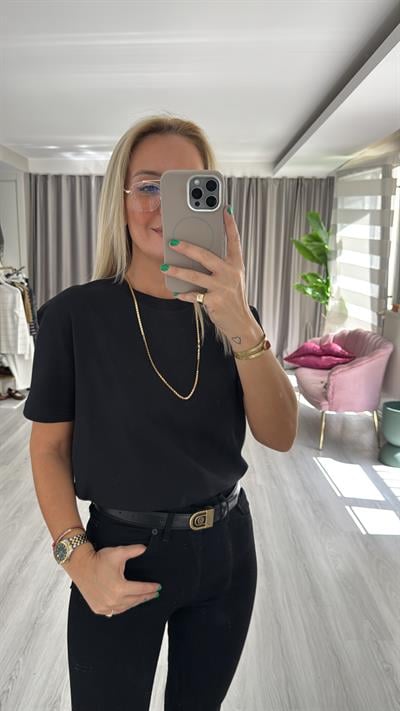 Dilvin Bisiklet Yaka Tok Doku Siyah Tişört