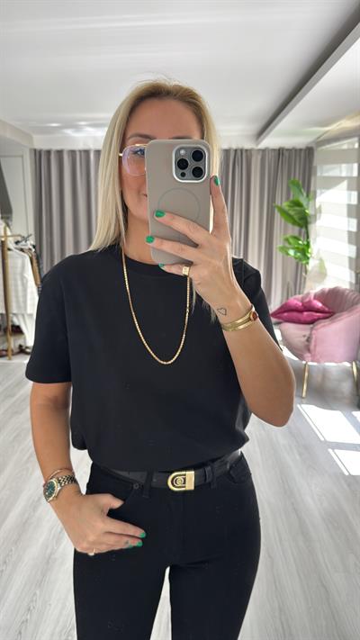 Dilvin Bisiklet Yaka Tok Doku Siyah Tişört