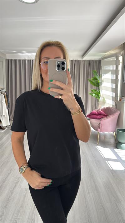 Dilvin Bisiklet Yaka Tok Doku Siyah Tişört