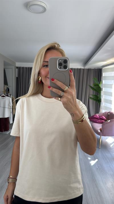 Dilvin Bisiklet Yaka Tok Doku Taş Rengi Tişört