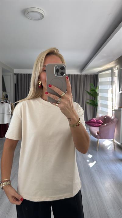 Dilvin Bisiklet Yaka Tok Doku Taş Rengi Tişört