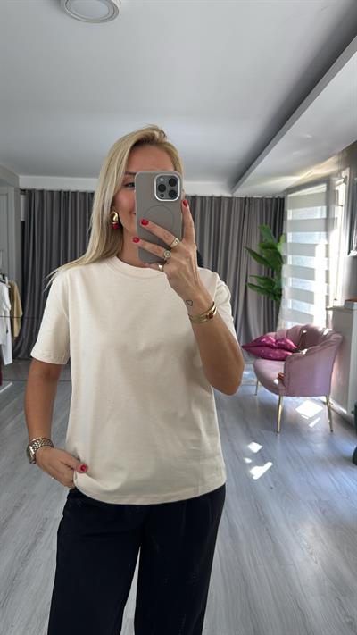 Dilvin Bisiklet Yaka Tok Doku Taş Rengi Tişört