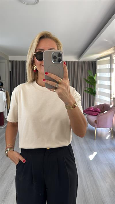 Dilvin Bisiklet Yaka Tok Doku Taş Rengi Tişört