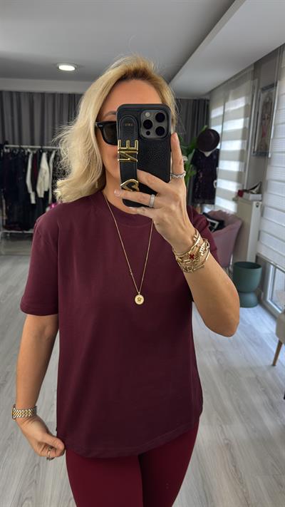 Dilvin Bisiklet Yaka Tok Dokulu Bordo Tişört