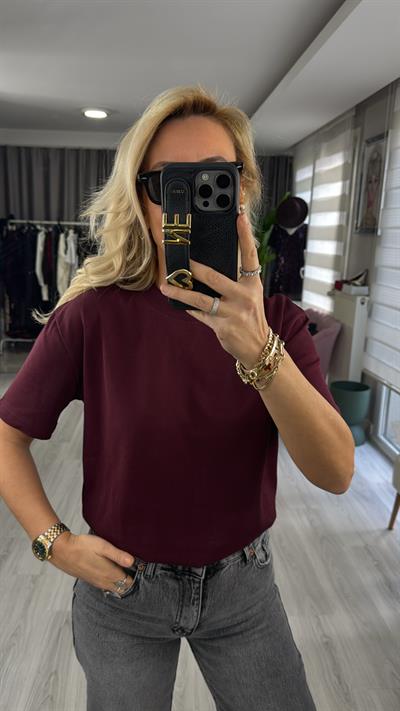 Dilvin Bisiklet Yaka Tok Dokulu Bordo Tişört