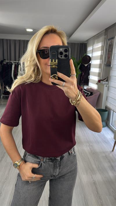 Dilvin Bisiklet Yaka Tok Dokulu Bordo Tişört