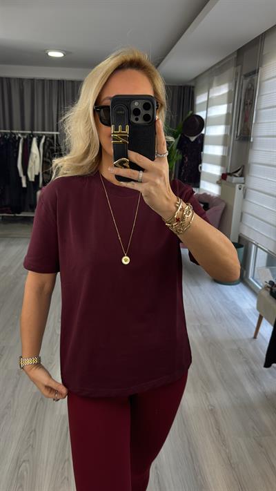 Dilvin Bisiklet Yaka Tok Dokulu Bordo Tişört