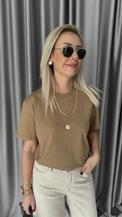 Dilvin Bisiklet Yaka Tok Dokulu Camel Tişört