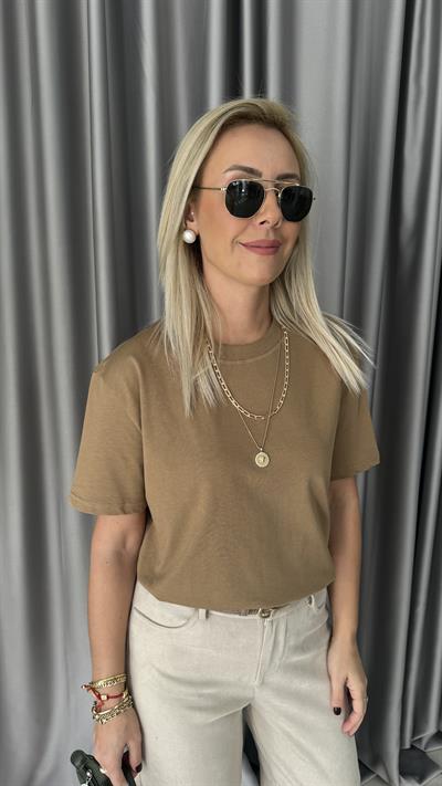 Dilvin Bisiklet Yaka Tok Dokulu Camel Tişört