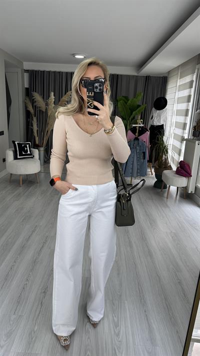 DİLVİN FİTİLLİ ÖN ARKA V YAKA BEJ TRİKO