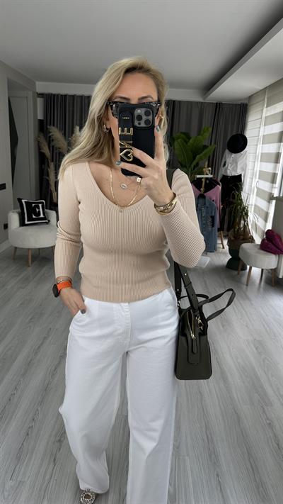 DİLVİN FİTİLLİ ÖN ARKA V YAKA BEJ TRİKO