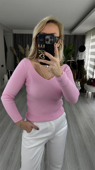 DİLVİN FİTİLLİ ÖN ARKA V YAKA PEMBE TRİKO