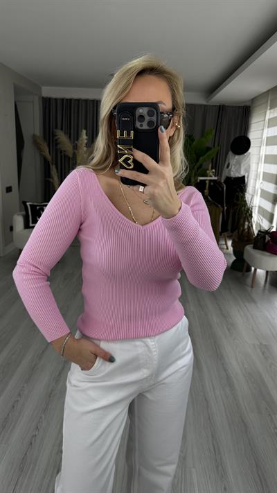 DİLVİN FİTİLLİ ÖN ARKA V YAKA PEMBE TRİKO